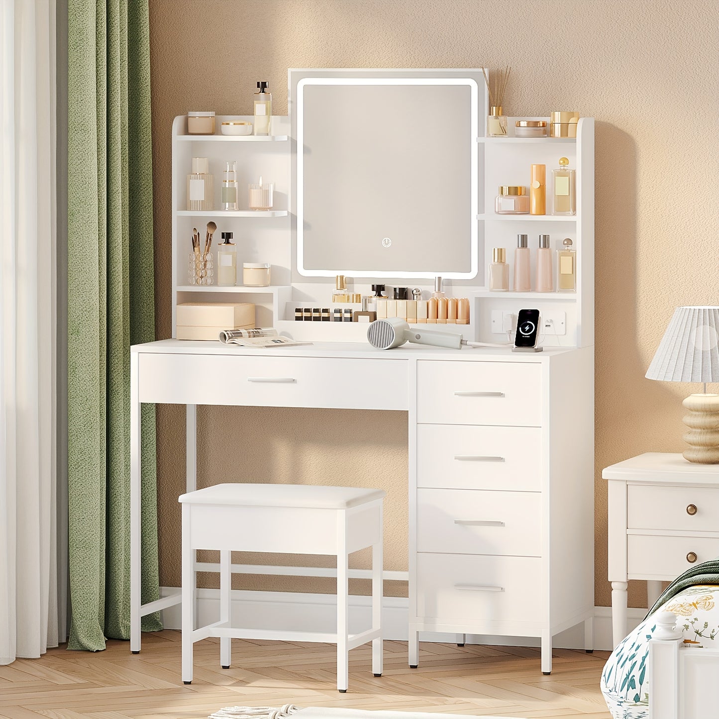 Dressing Table, With Padded Stool, HD Mirror And Adjustable LED Lights, Socket And USB, 5 Drawers, Open Storage Compartment, Simplicity, Mounted Closet Systems