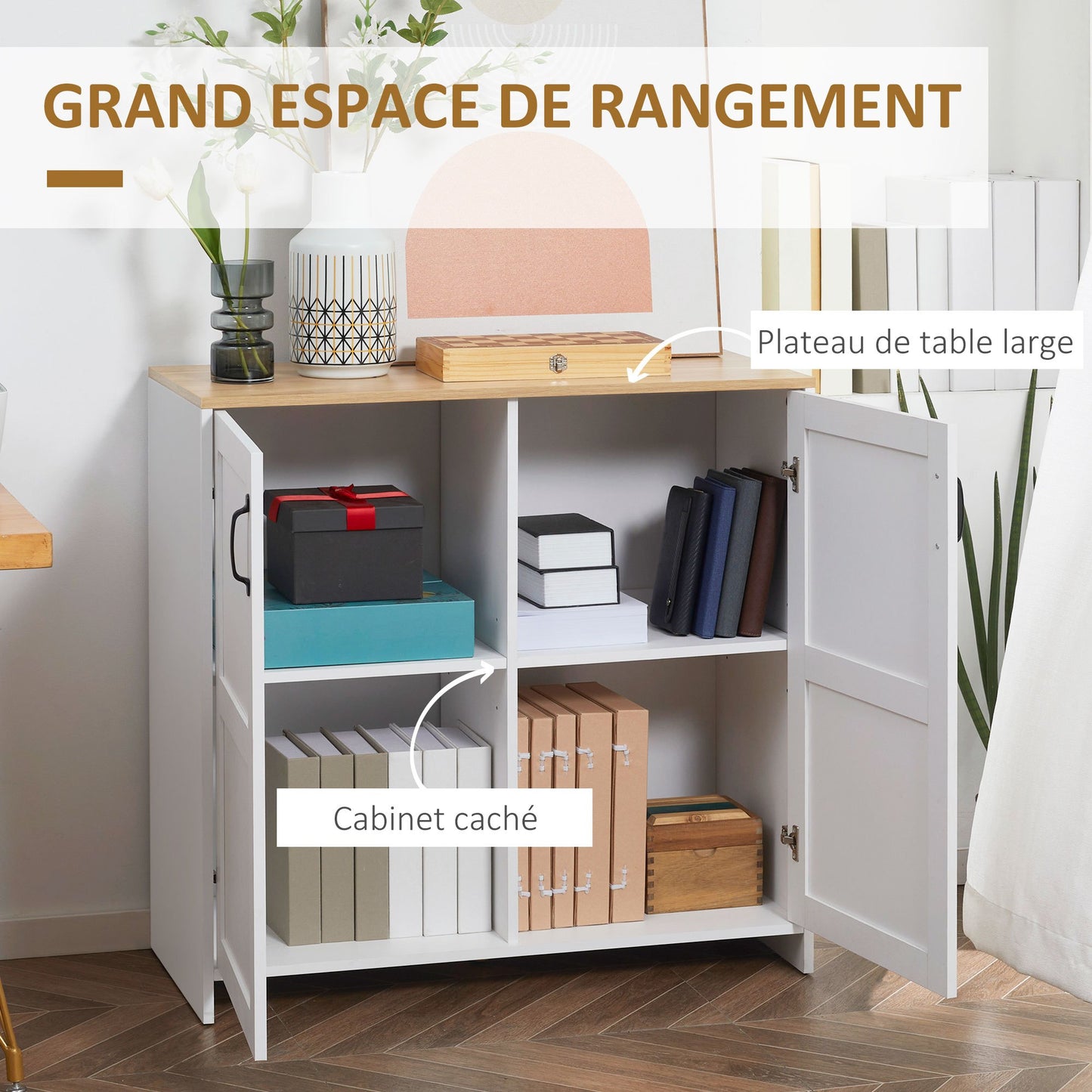 Buffetkast – Opbergkast – Dressoir – Wandkast – Keukenmeubel – Wit Met Houtlook – 90 x 39,5 x 88 cm – Twee Verstelbare Planken