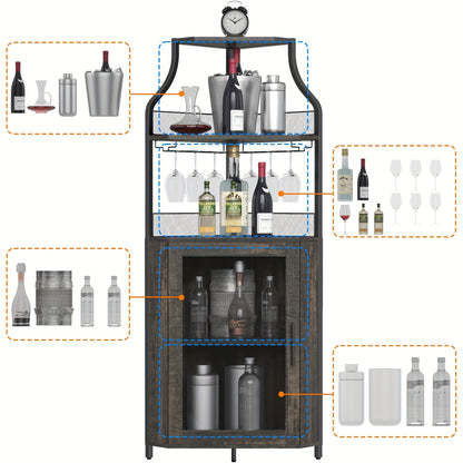 Hoekbar – Wijnkast – Drankkast – Barmeubel – Wijnrek – Vrijstaand L-Vormig Ontwerp – Ruimtebesparend Met Mesh-Deuren – Geschikt Voor 50+ Flessen – Donkere Eikenlook