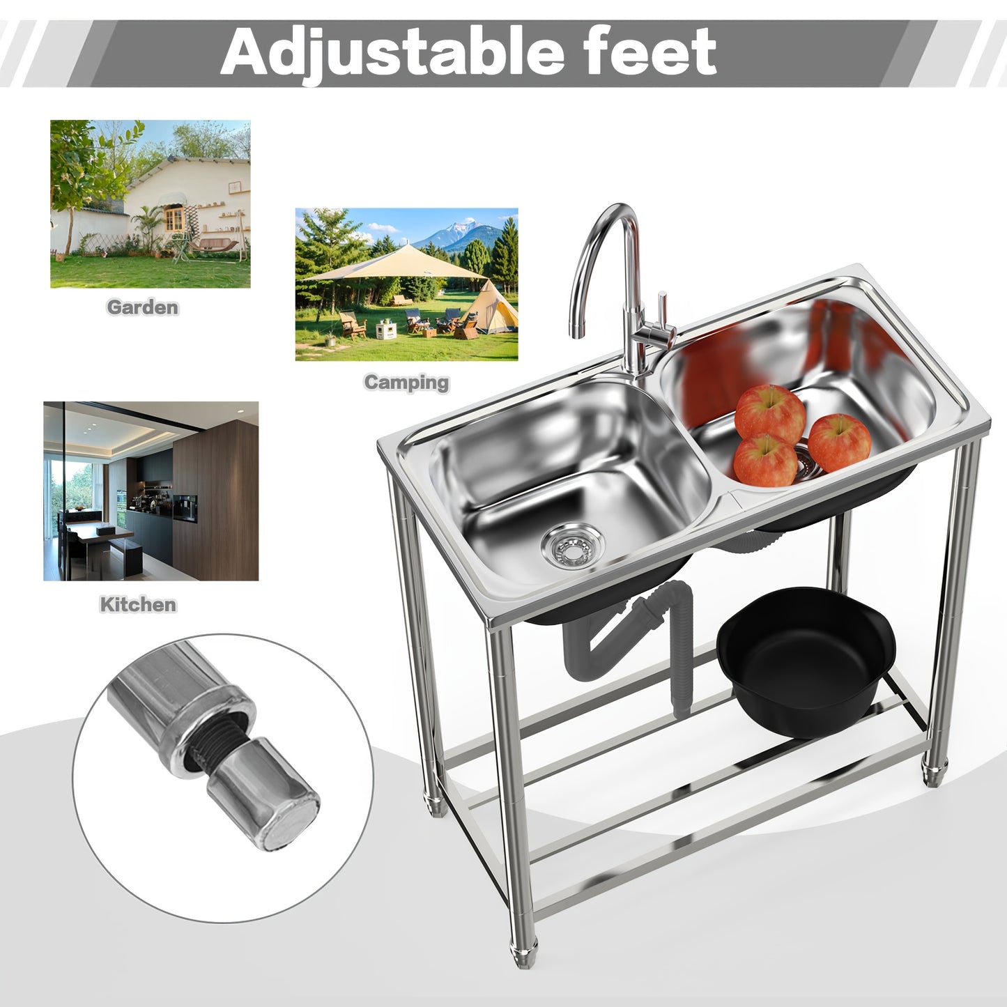 Stainless Steel Sink with Hot And Cold Water Taps, Freestanding Double Basin Sink with Drain Kit Suitable for Outdoor, Kitchen, Camping, Garden, 78x43cm