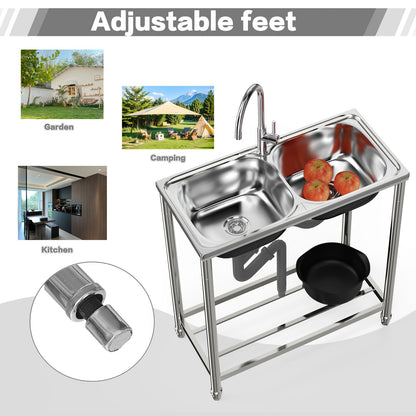Stainless Steel Sink with Hot And Cold Water Taps, Freestanding Double Basin Sink with Drain Kit Suitable for Outdoor, Kitchen, Camping, Garden, 78x43cm