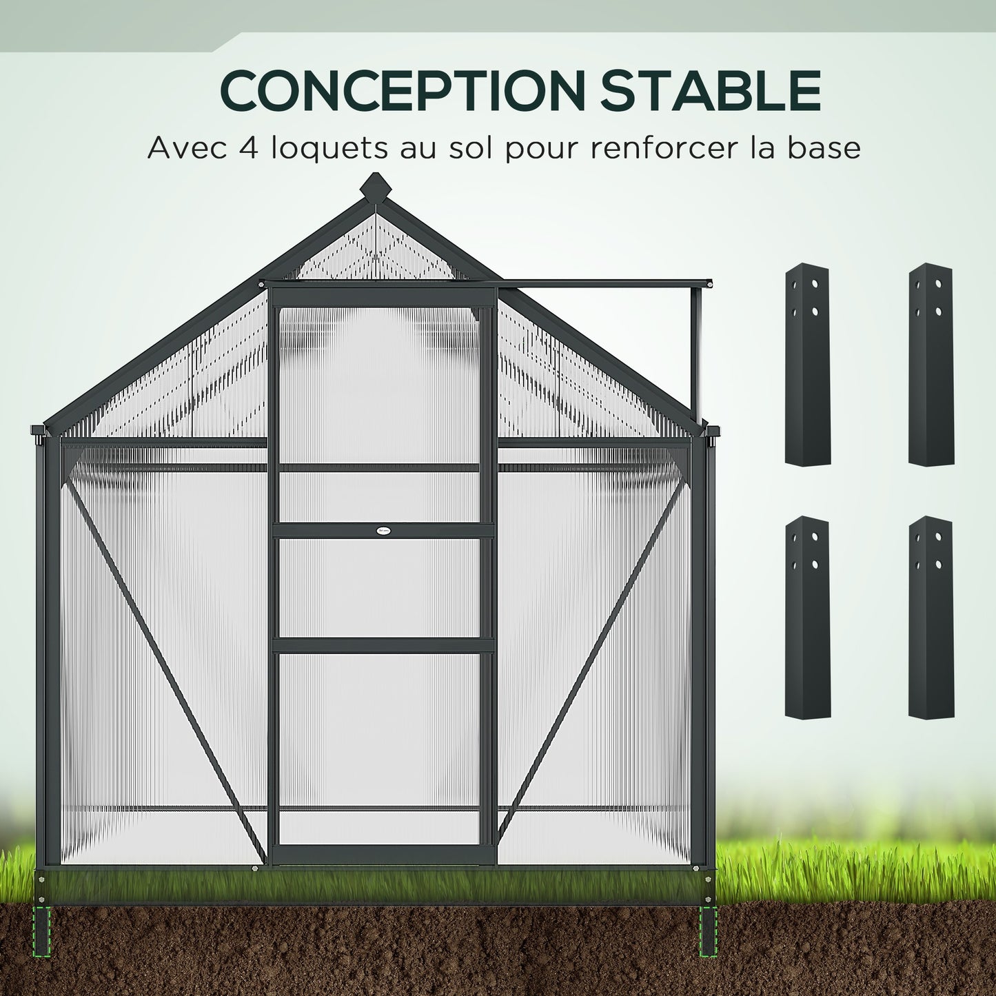 Kweekkas – Tuinkas – Groeikas – Moestuin Kas – Polycarbonaat Kas – Grijs – Aluminium Frame – UV-Bestendig – Inclusief Dakventilatie en Schuifdeur – 190x192x201 cm – Versterkte Stalen Basis