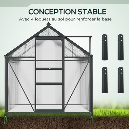 Kweekkas – Tuinkas – Groeikas – Moestuin Kas – Polycarbonaat Kas – Grijs – Aluminium Frame – UV-Bestendig – Inclusief Dakventilatie en Schuifdeur – 190x192x201 cm – Versterkte Stalen Basis