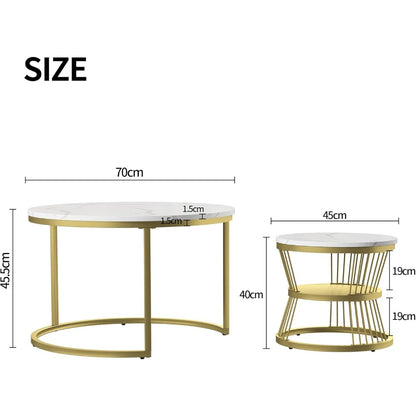 Ronde Salontafel Set – Bijzettafel – Nesting Tafels – Kleine Tafel – Laagbouw Tafels – Wit Goud – Marmerlook MDF Blad – Metaal Frame – Ruimtebesparend – Lichtgewicht