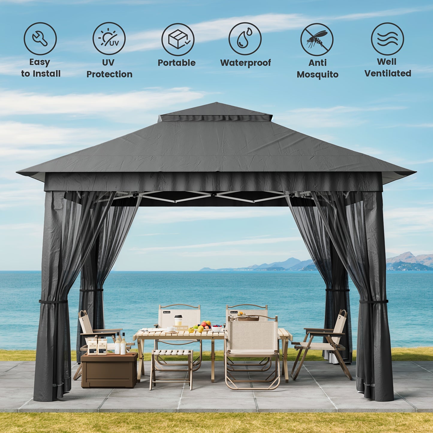 Partytent – Tuinpaviljoen – Paviljoen – Easy-Up Tent – Vouwtent – 3,35x3,35 m – Waterdicht Met Muskietennet – Verstelbare Hoogte – UV-Bescherming – Inclusief Draagtas