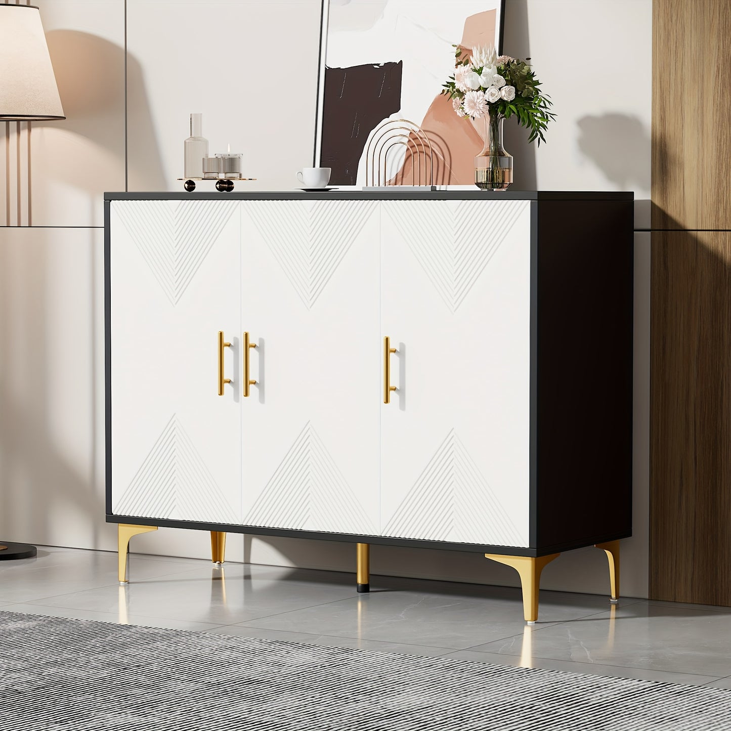 Opbergkast – Kasten – Dressoir – Sideboard – Bergmeubel – Wit Met Gouden Accenten – Ruime Opbergruimte 3,2+ Kubieke Voet – Vrijstaand En Snel Te Plaatsen