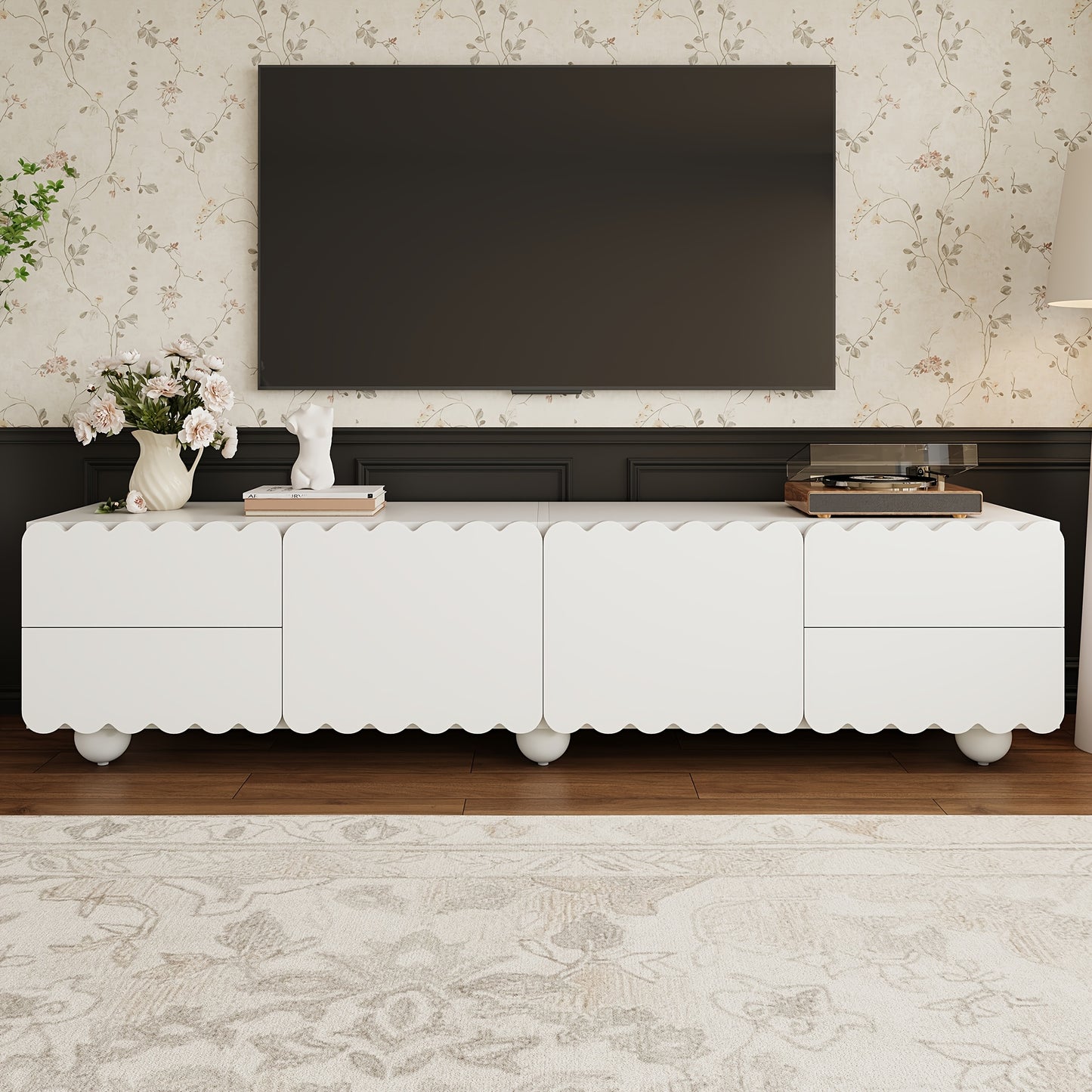 tv meubel – tv kast – tv stand – lowboard – media meubel – wit – modern geschulpte afwerking – bamboe materiaal – 4 lades – 2 kastdeuren – vloerstaand