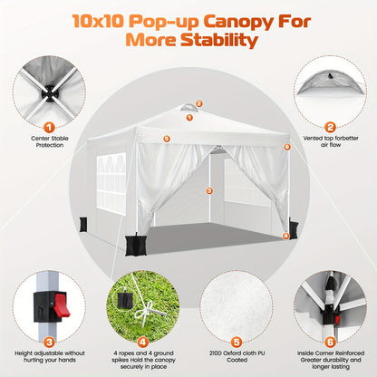 3.05x3.05meter Pop-up Tent, Party Canopy, Folding Gazebo, with 4 Detachable Side Walls, Portable Bag, Sandbag And Ground Stake, Height Adjustable, Easy to Install, Suitable for Weddings, Camping, Gardens, Market Stalls, Outdo