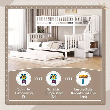 Stapelbed – Hoogslaper – Kinderbed – Etagebed – Bunkbed – Wit – Ruimtebesparend Ontwerp – Uitschuifladen Met Ladder – 140x200 & 90x200 cm – Lattenbodem – Eenvoudige Montage