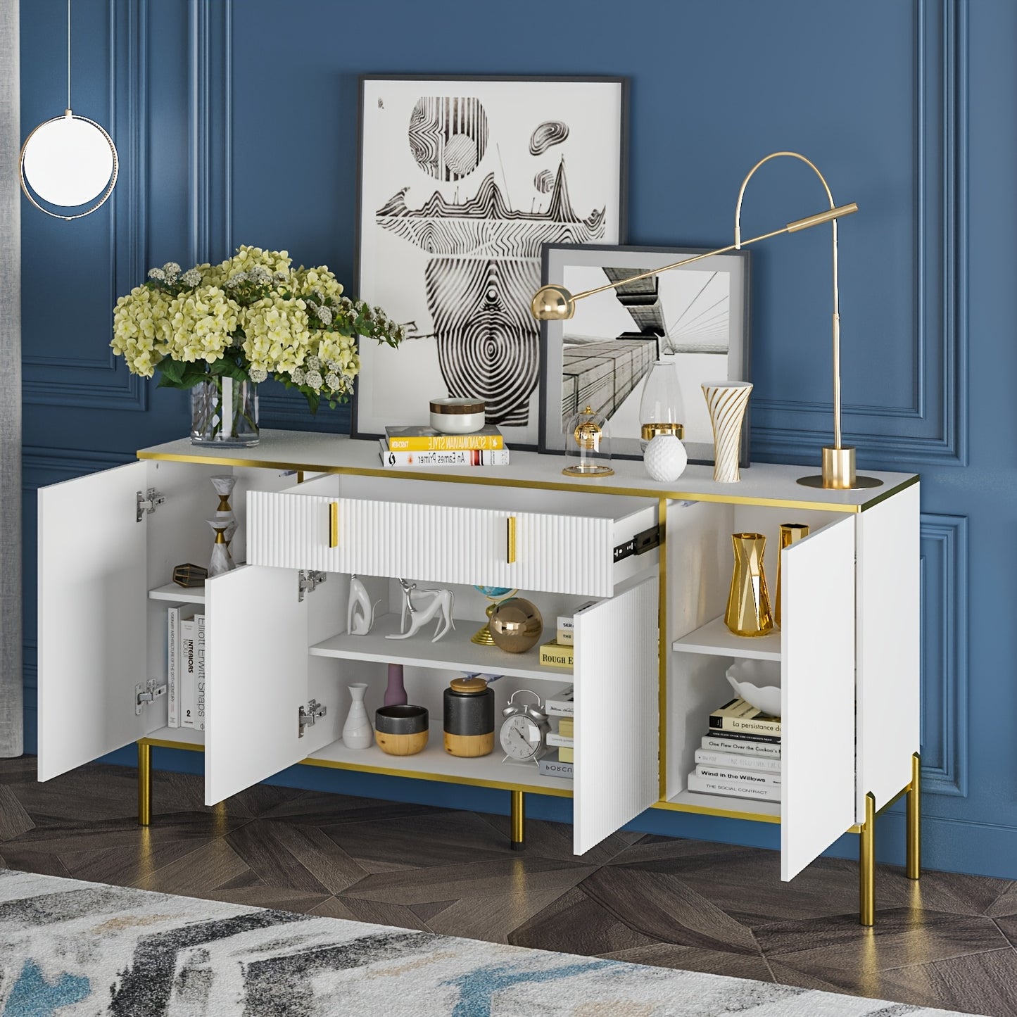 Elegant White Ripple Wooden Sideboard with Golden Pulls & Black Legs – 160.02cm W x 39.88cm D x 80.01cm H Four-Door Storage Cabinet for Bedroom, Bathroom, or Living Room, Modern Hardwood Design with Ample Storage Options, V