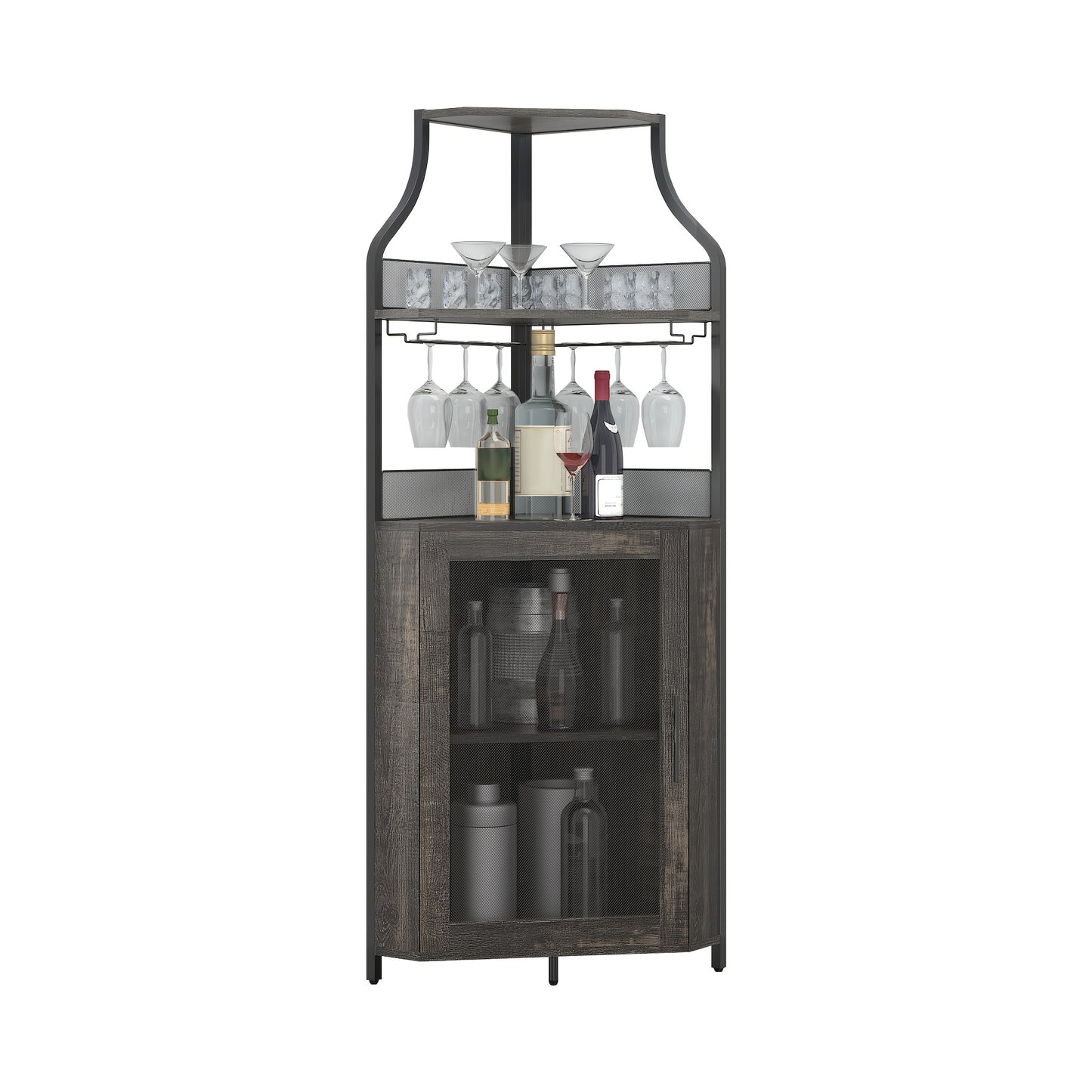 Barkast – Wijnkast – Drankkast – Barmeubel – Hoekdressoir – Verstelbare Plank – Metaal & Hout – Compact Vrijstaand