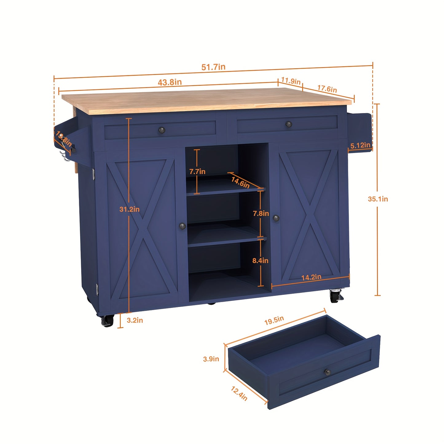Keukenwagen – Kookeiland – Serviewagen – Opbergwagen – Keukentrolley – Massief Hout – Inklapbaar Met Wieltjes – Verstelbare Planken – Ruimtebesparend Design