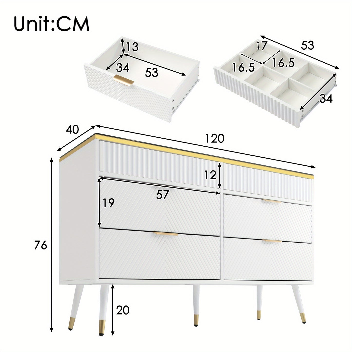 Dressoir – Sideboard – Opbergkast – Ladekast – Wandkast – Modern Wit – Hardhout & Amberglas – 6 Lades Met Compartimenten – Tip-Proof Veiligheidsfunctie – 120x40x76 cm