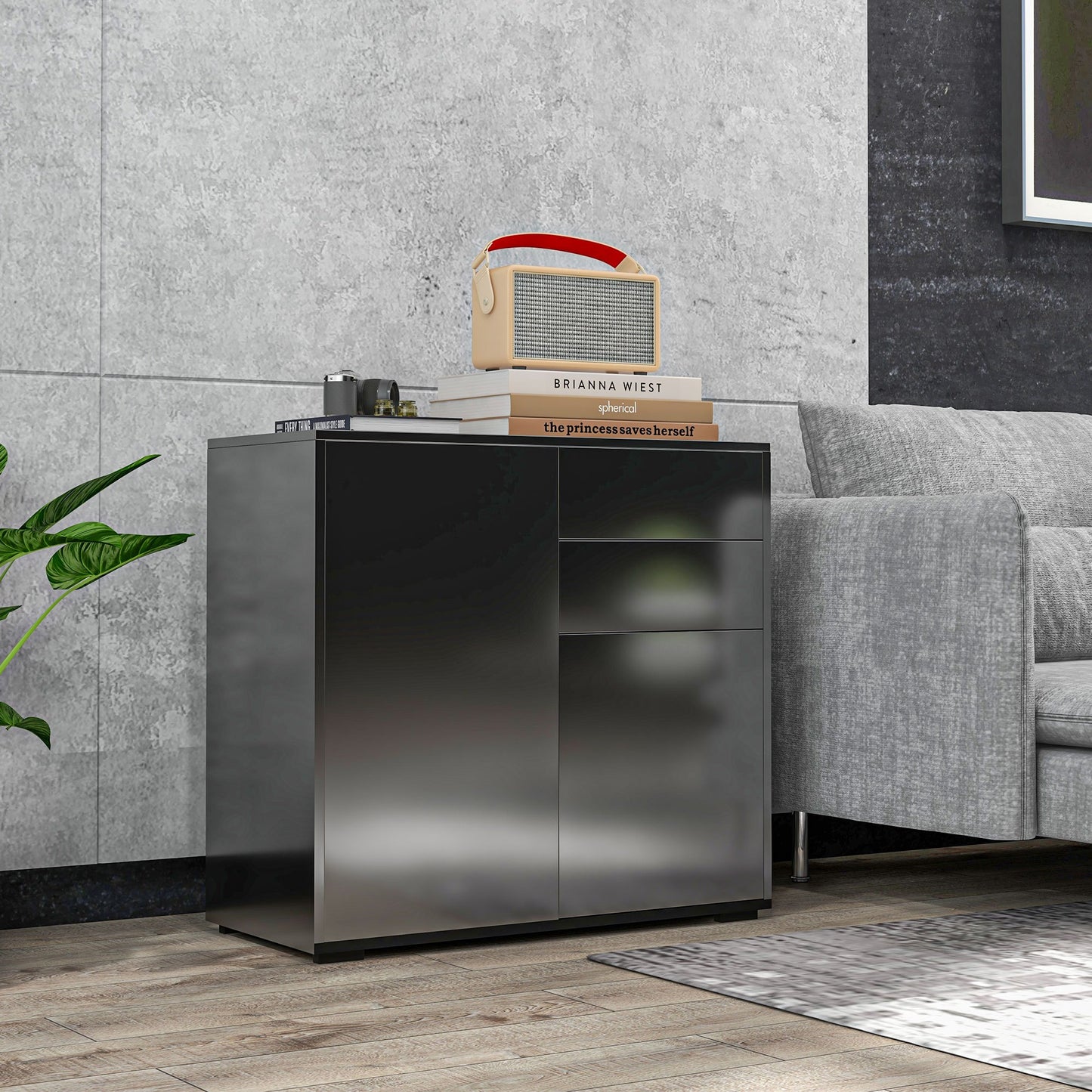 Buffetkast – Dressoir – Opbergkast – Sideboard – Kast Met Laden – Glanzend Zwart – Verstelbare Planken – 79x36x74 Cm