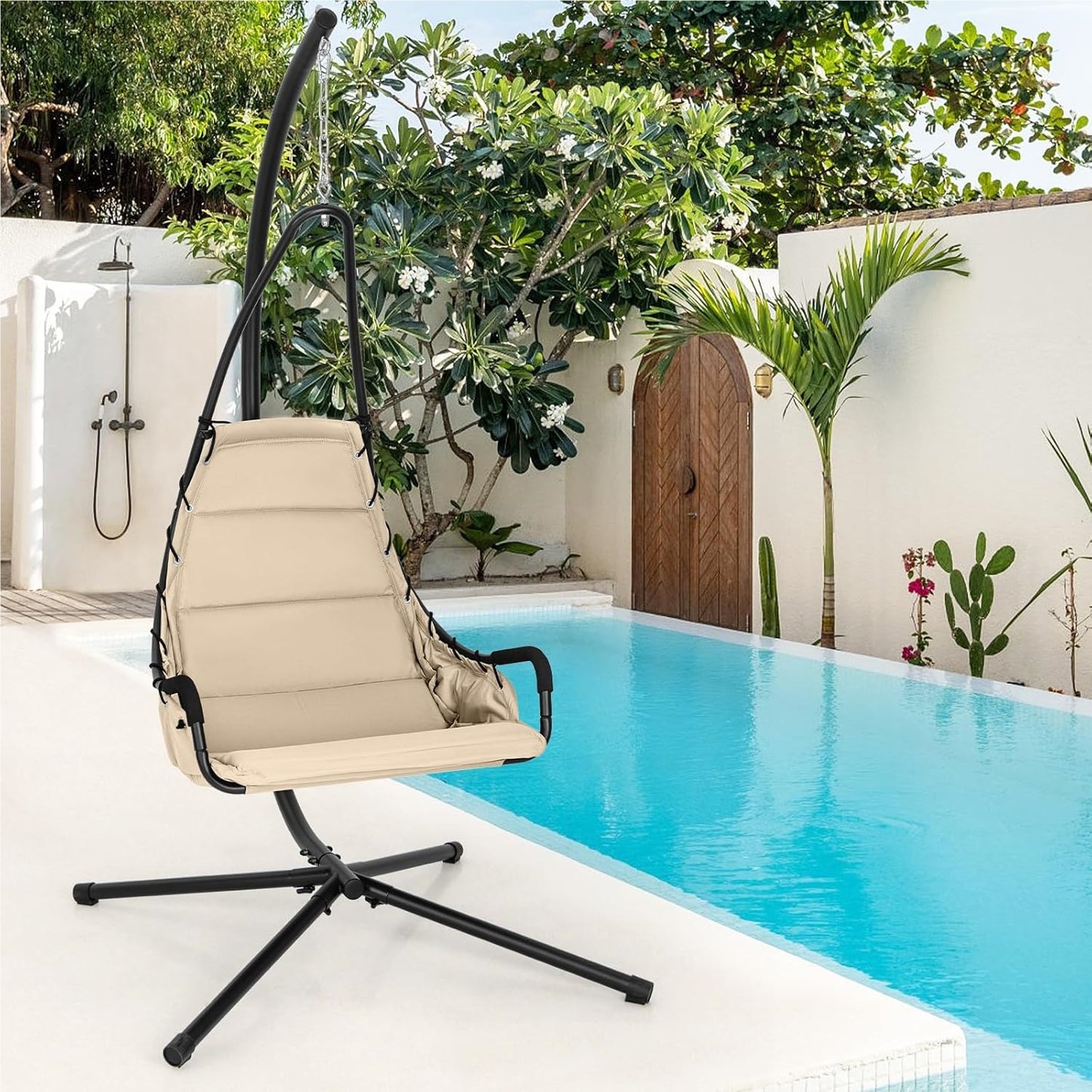Schommelstoel – Hangstoel – Relaxstoel – Fauteuil – Loungestoel – Ergonomisch Met Armleuningen – Stevig Met Metalen Frame 120 kg Belastbaar – Beige