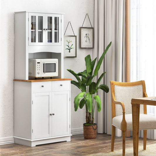 Keukenbuffet – Hoge Kast – Opbergkast – Buffetkast – Keukenkast Wit – 170 cm Hoog – Magnetronvak Met Veiligheidsglas – Rubberhouten Werkblad