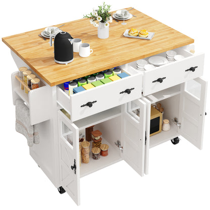 Keukeneiland – Keukenwagen – Serveerwagen – Buffetkast – Eettafel – Verstelbare Planken – Verrijdbaar Met Remmen – 140x73x93,5 cm – MDF & Veiligheidsglas