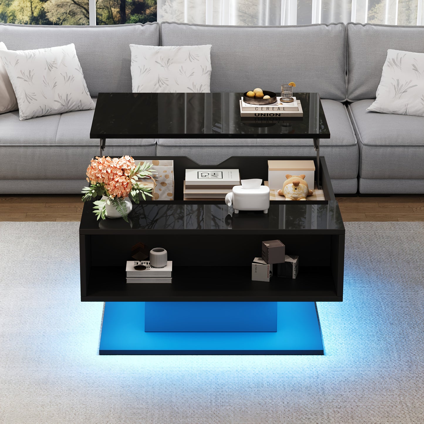 Salontafel – Koffietafel – Woonkamertafel – Bijzettafel – Midden tafel – Hydraulisch Hefmechanisme – Hoogglans Zwart – Ruime Opbergplank – Stevige Constructie