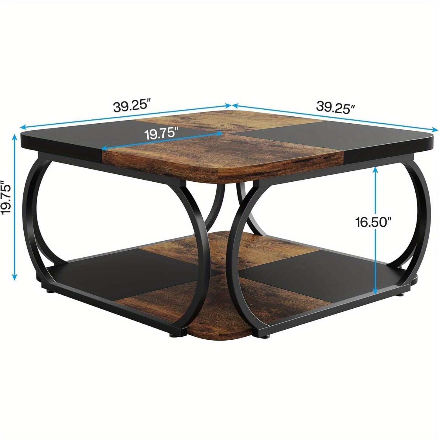 Salontafel – Koffietafel – Woonkamertafel – Bijzettafel – Salon tafel – Vierkant – Dubbele Opberglagen – Metaal & Hout – 101,6 cm – Industrieel Design