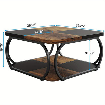 Salontafel – Koffietafel – Woonkamertafel – Bijzettafel – Salon tafel – Vierkant – Dubbele Opberglagen – Metaal & Hout – 101,6 cm – Industrieel Design