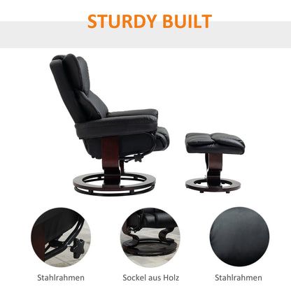 Relaxstoel – Fauteuil – Kuipstoel – Loungechair – Draaistoel – 360° Draaibaar – Handmatig Verstelbare Rugleuning tot 145° – Zwart Kunstleer met Voetsteun – Stevige Metalen Basis