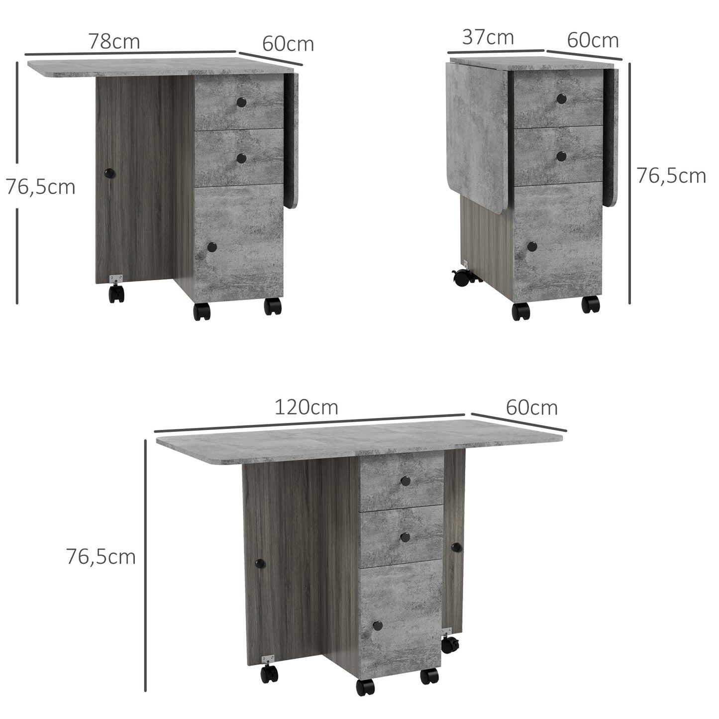 Opvouwbare Keukentafel – Uitklapbare Eettafel – Vouwtafel – Klaptafel – Uitschuifbare Tafel – Met 2 Laden En 1 Kast – Compact 120x60x76,5 cm – Grijs