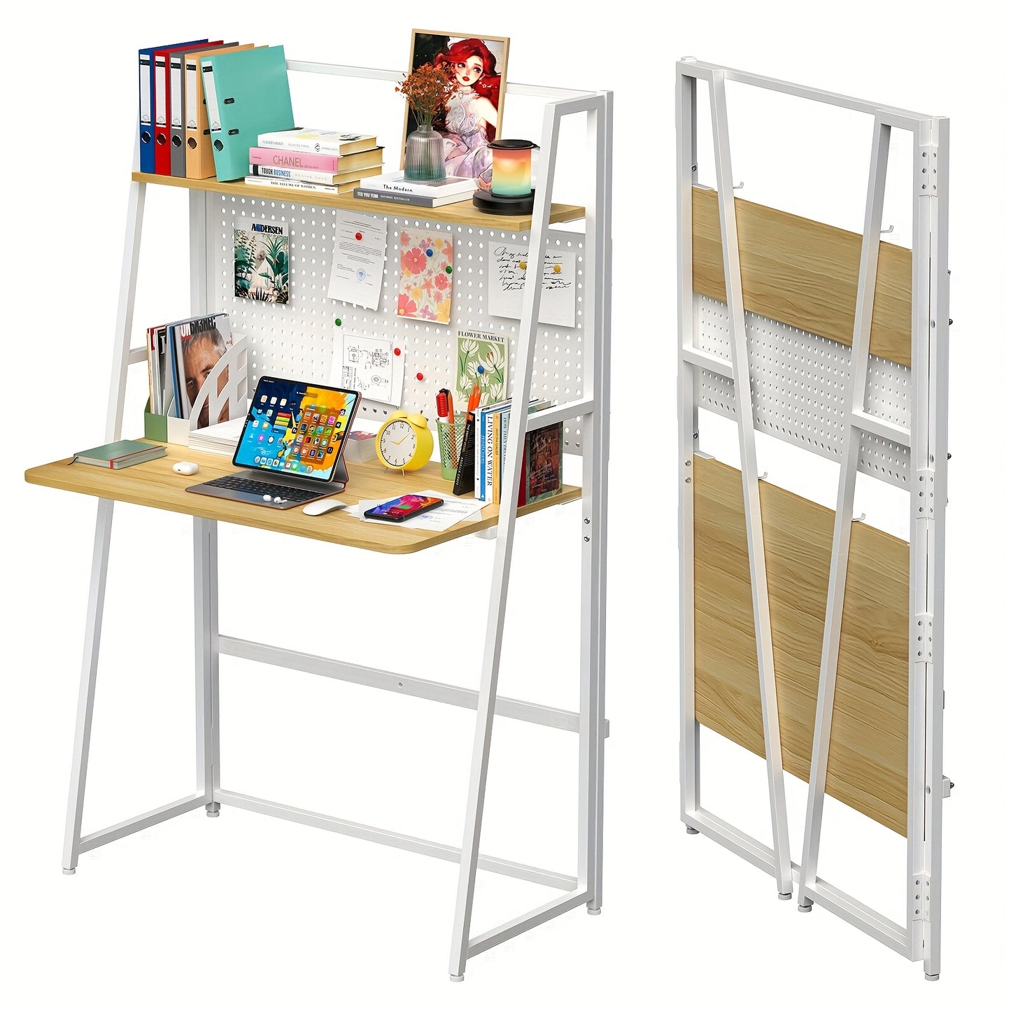 No Assembly Oak Desk with White Metal Frame & Storage Shelf - European Modern Multi-Purpose Office Desk, Natural & Metal Design, 86x40x138cm, Space-Saving for Home Office, Study, Crafting, Desk Accessories Office, Craft Desk,