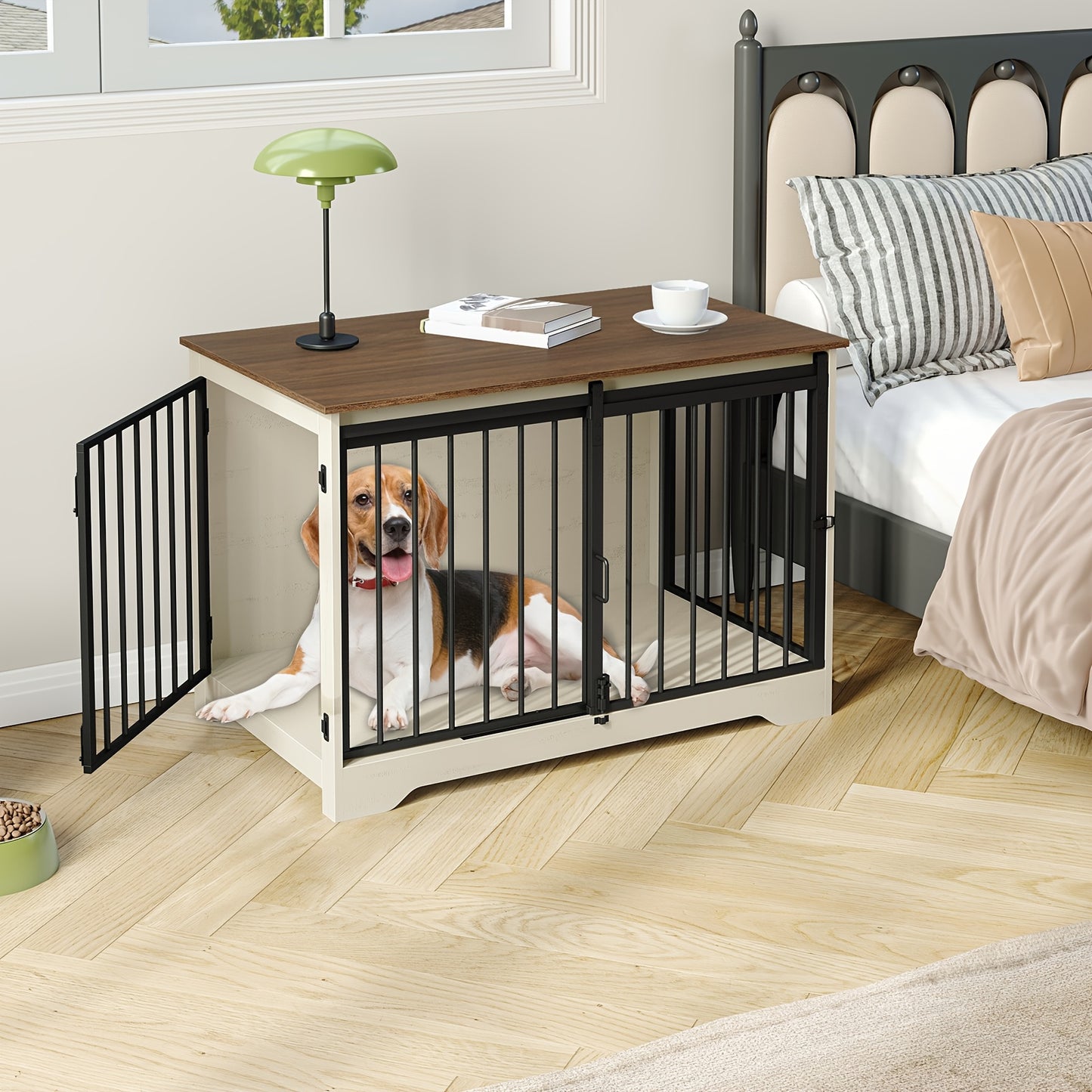 Hondenbench – Hondenkooi – Hondenhok – Hondenrek – Dierenbench – Wit Bruin – Duurzaam Hout & Staal – Heavy-Duty Anti-Kauw & Tweedelige Schuifdeuren – 60x100x68 cm