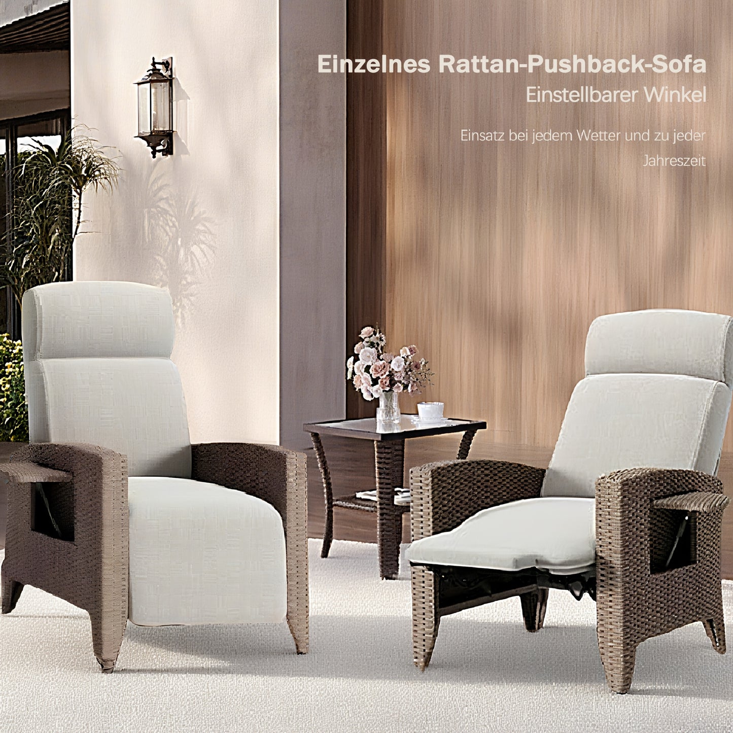 2pcs Brown PE Rattan Sofa Set with Coffee Table & Dust Cover - All-Weather Outdoor Furniture, 160° Flat Recline & Extendable Footrest, Cushioned Comfort, UV-Resistant Wicker Patio Lounge Set for Balcony, Garden, Poolside - E