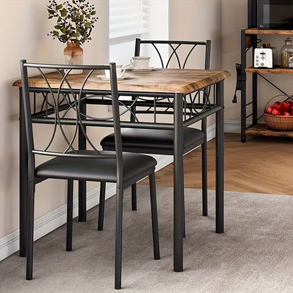 Compact Eettafel Set – Kleine Eetkamer Tafel – Bistro Set – Keukentafel Voor 2 Personen – Vintage Retro Stijl – Metaal En MDF – Padded Stoelen & Stevige Frame – Bruine Houtnerf Afwerking