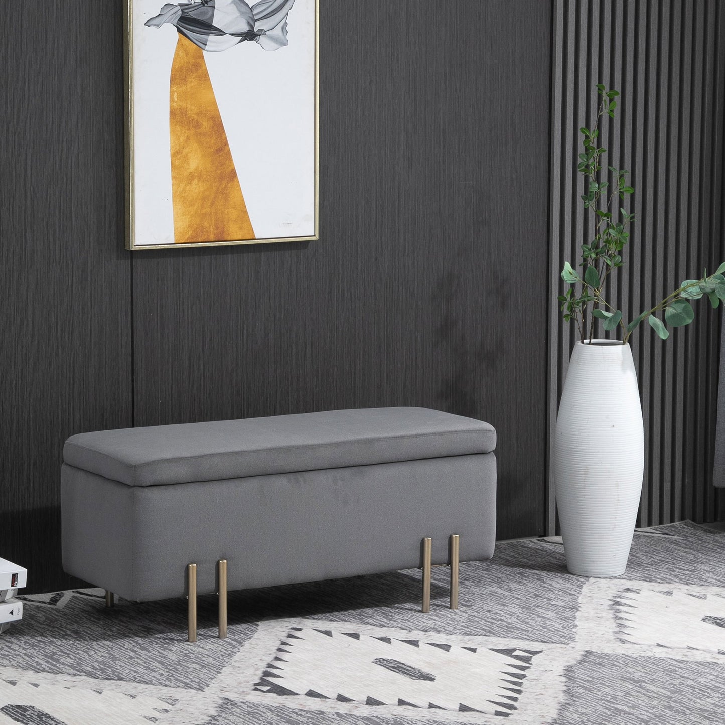 Opbergbank – Opbergbankje – Opbergkist – Bankje – Hocker – Donkergrijs Velours – Luxe Gouden Onderstel – Ruime Opbergruimte – Comfortabel Zitvlak