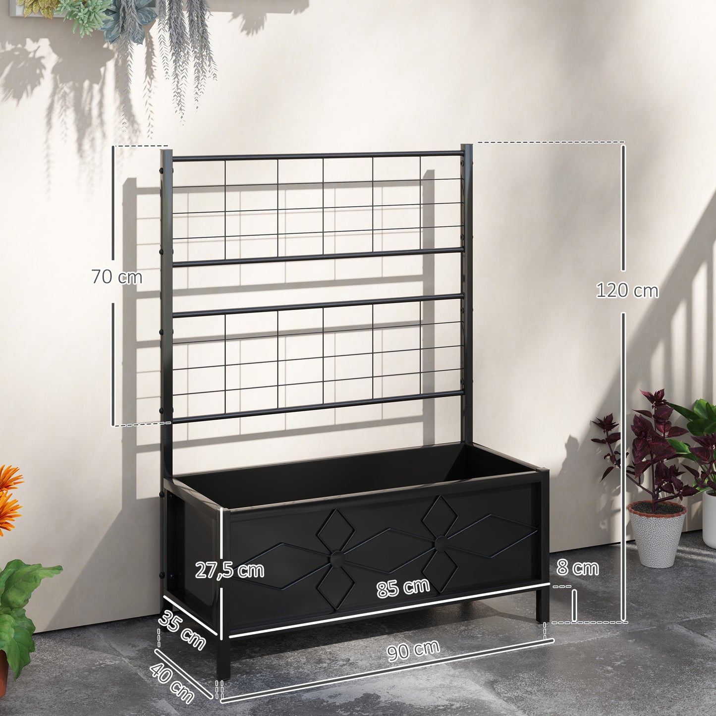 Verhoogde Plantenbak – Tuinbak – Bloembak – Moestuinbak – Balkonbak – Klimrek – Verzinkt Staal – Drainagegaten – Zwart – 90x40x120 cm