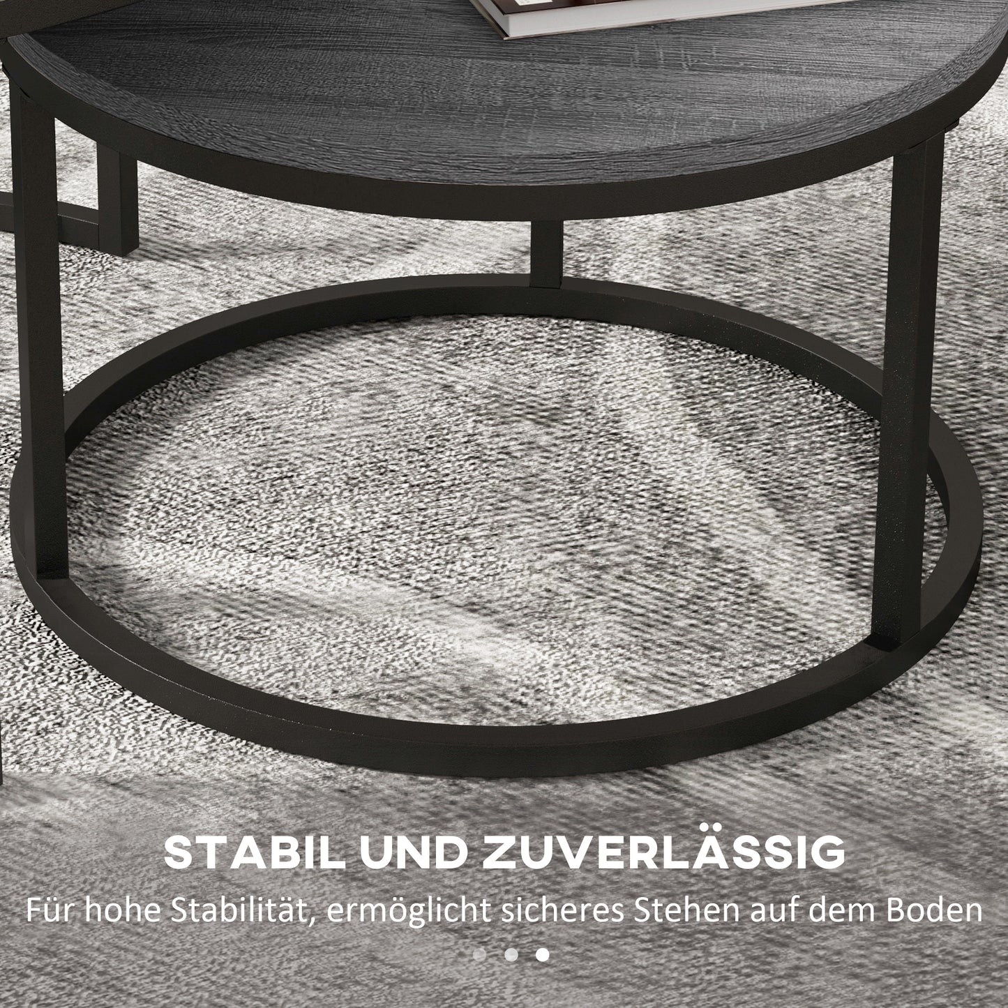 Bijzettafel – Salontafel – Sidetable – Nachtkastje – Banktafel – Set van 2 Ronde Tafels – Marmerlook MDF Blad – Zwart Metalen Frame