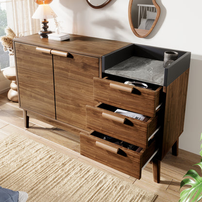 Dressoir – Sideboard – Buffetkast – Opbergkast – Kast – Eikenhout Met Marmerlook – Verstelbare Planken – 11 cm Hoogte Voor Robotstofzuiger