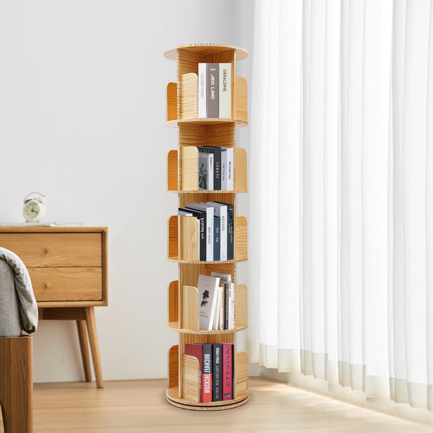 Boekenkast – Boekenrek – Opbergkast – Vakkenkast – Draaibare Kast – 5 Laags – 360° Draaibaar – Stevig Plastic – Licht Bruin