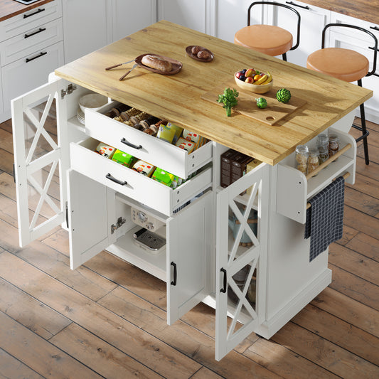 Keukentrolley – Keukenkast – Serveerwagen – Opbergtrolley – Keukenwagen – Wit – 4 Deuren met Glas – Verstelbare Planken – 2 Lades – Verrijdbaar – 120x40/63,5x94,5 cm – Modern Design