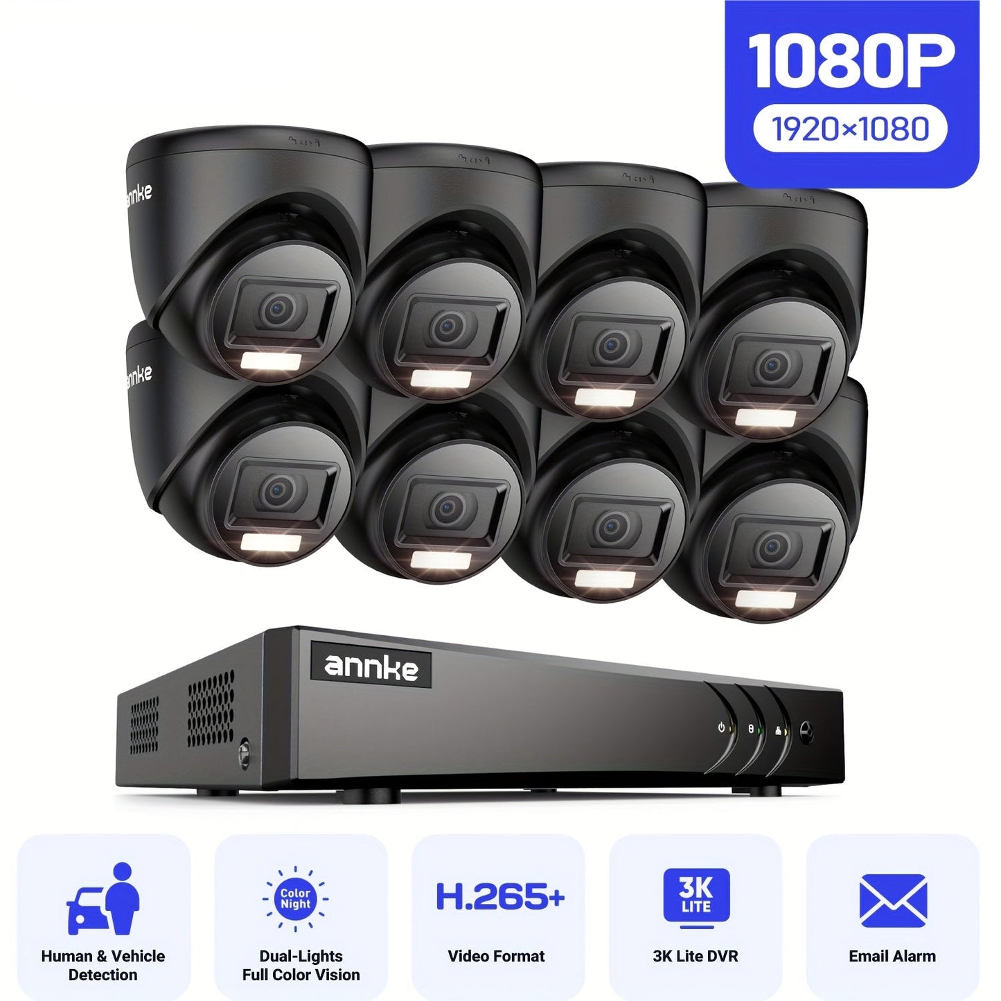 Camerasysteem Beveiliging – Bewakingscamera – Surveillance Camera – CCTV Set – Inbraakpreventie – 8 Full HD 1080p Camera’s – Mens- en Voertuigdetectie – 30 Meter Nachtzicht – 5-in-1 AI DVR – Zonder Opslag