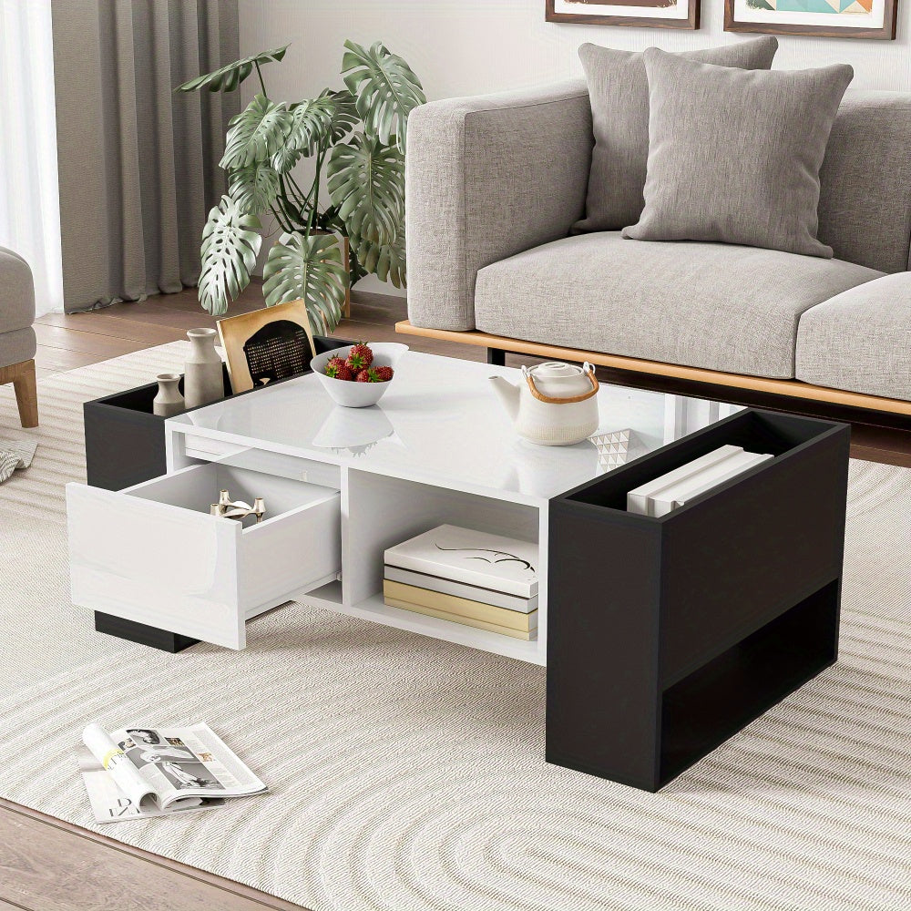 Salontafel – Woonkamertafel – Koffietafel – Tafeltje – Bijzettafel – Zwart-Witte Hoogglans Uitvoering – 4 Open Vakken & 2 Lades – Duurzame Constructie – Geen Montage