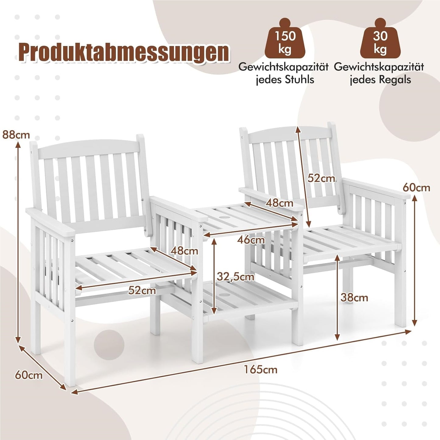 Tuinbank – Buitenbank – Terrasbank – Balkonbank – Picknickbank – Houten 2-Zits Bank Met Tafel – Parasolhouder – 165 x 60 x 88 cm – Massief Grenenhout – Draagvermogen 330 kg – Wit