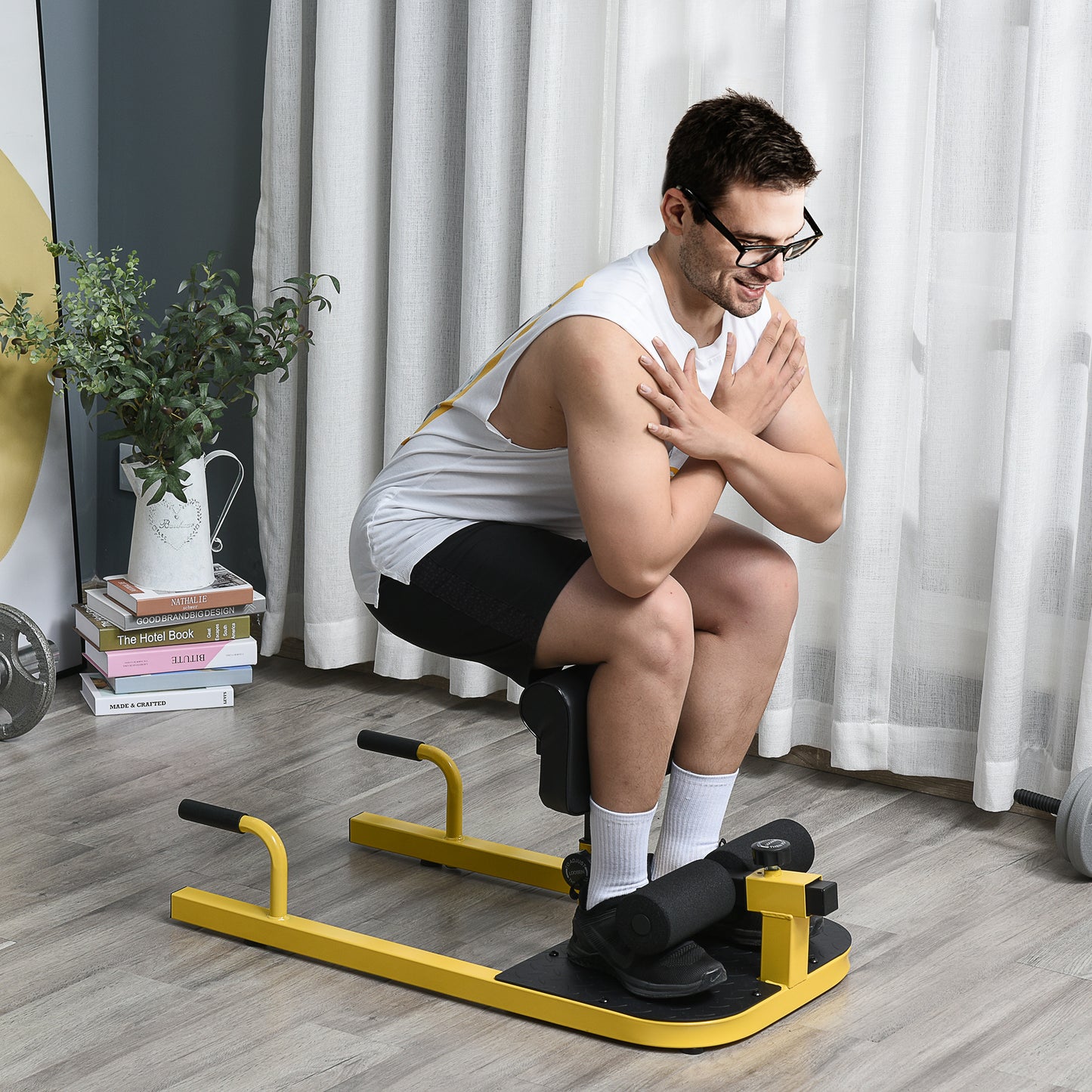 Sissy Squat Trainer – Knie Trainer – Benen Trainer – Buikspiertrainer – Billen Trainer – 3-in-1 Verstelbare Trainer – Stalen Frame Tot 120 Kg – Geel/Zwart 50x97x44,5-56,5 Cm