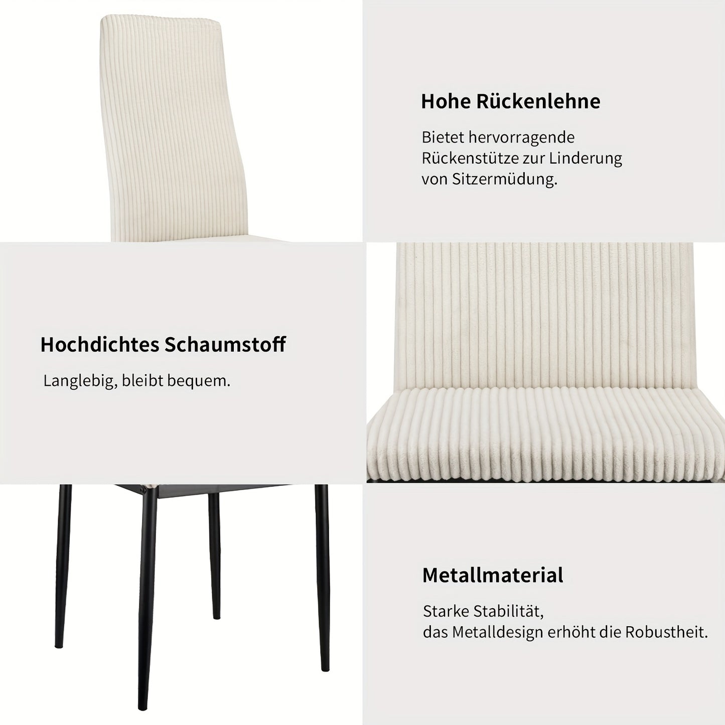 Eetkamerstoelen Set Van 4 – Stoelen – Dining Stoelen – Witte Stoelen – Zithoek Stoelen – Metalen Frame – Hoge Rugleuning – Zachte Katoenen Zitvlak – Comfortabele Armleuningen