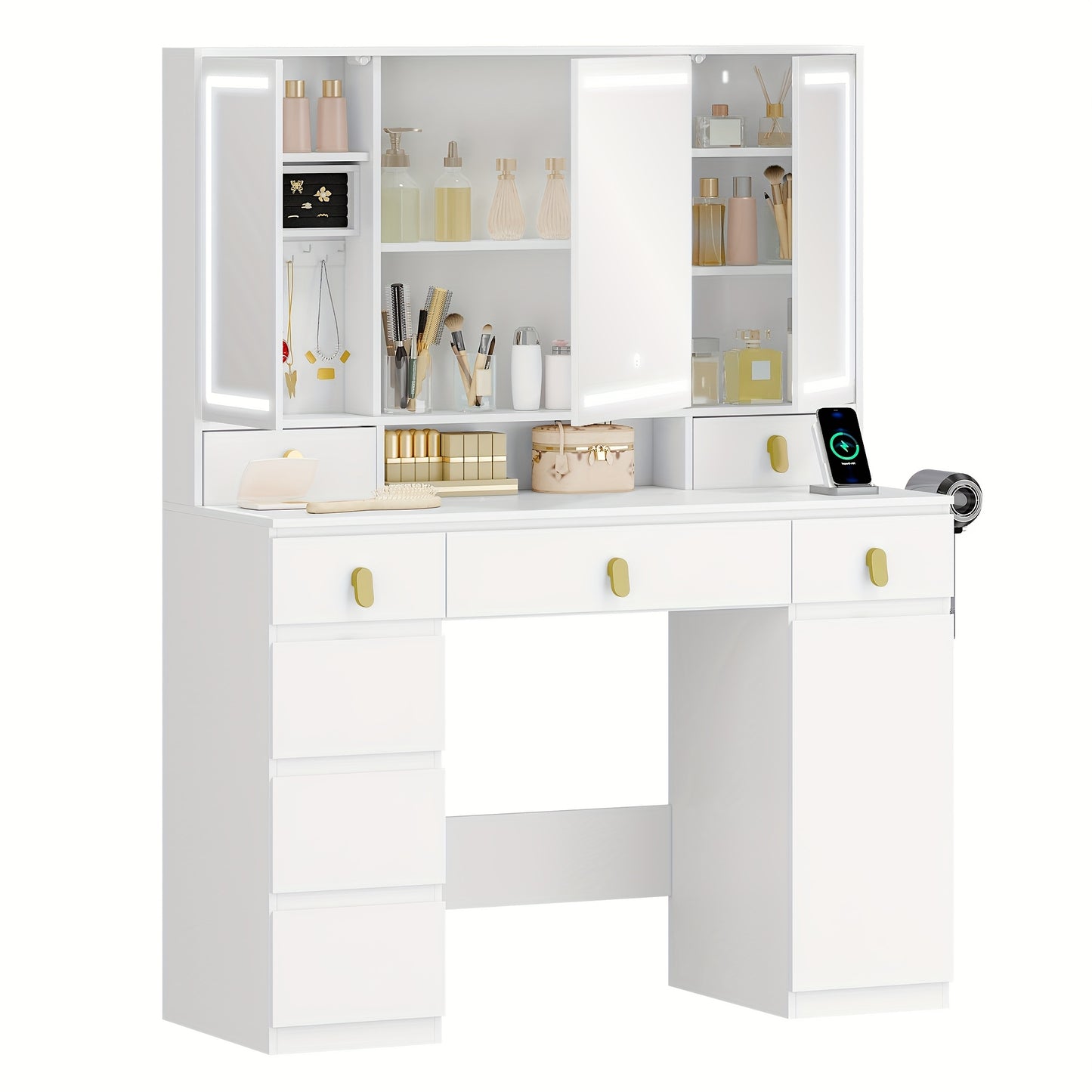 Make-uptafel – Kaptafel – Schminktisch – Make-up Bureau – Wit – LED Verlichting Met Driedelige Spiegel – 8 Laden & Opbergruimte