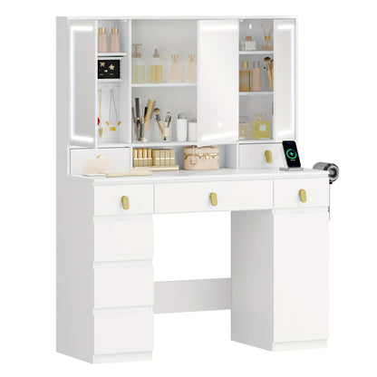 Make-uptafel – Kaptafel – Schminktisch – Make-up Bureau – Wit – LED Verlichting Met Driedelige Spiegel – 8 Laden & Opbergruimte