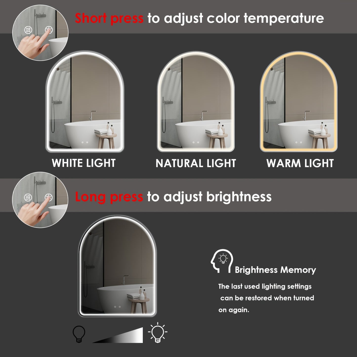 LED Badkamerspiegel – Led Spiegel – Verlichte Spiegel – Badkamerwandspiegel – Gebogen Spiegelt – Superheldere COB Led-strip – Touchschakelaar Met Dimbaarheid – 60x80 cm