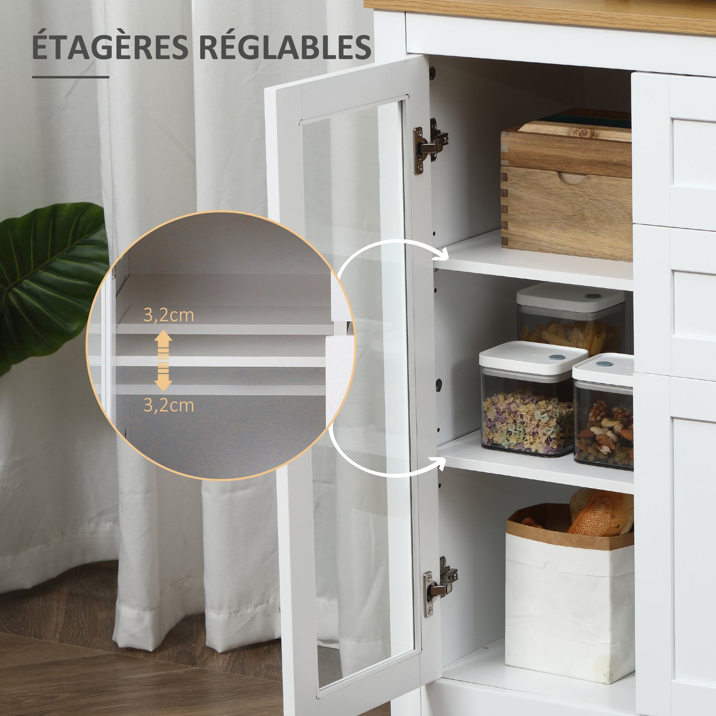 Dressoir – Buffet – Kast – Opbergmeubel – Woonkamermeubel – Wit Met Houtlook – 2 Glazen Deuren – Verstelbare Planken – 2 Lades – 1 Afsluitbare Kast – MDF En Metaal – Anti-Kantel Veiligheid