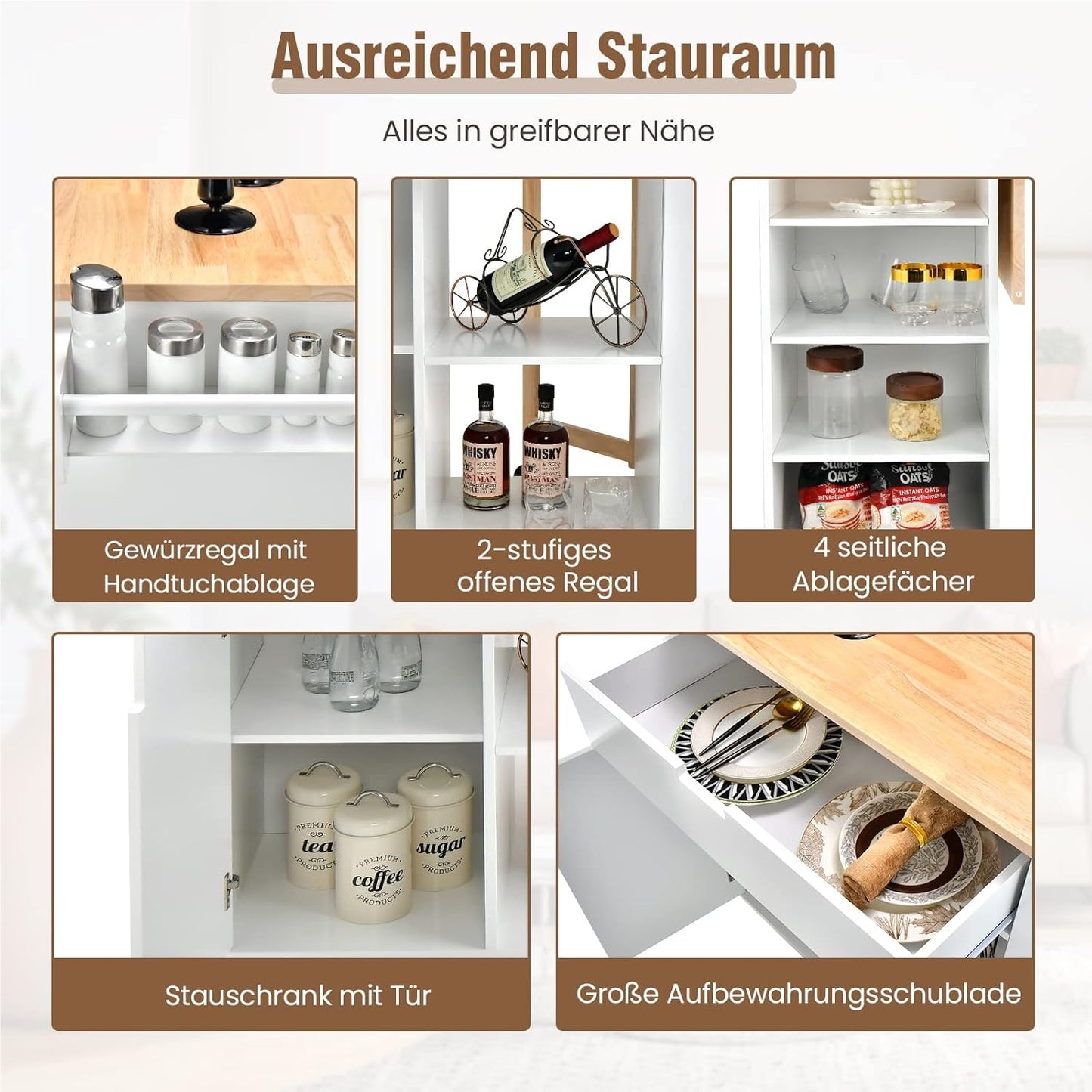 Mobiele Keukenkar – Keukentrolley – Keukenwagen – Serveerwagen – Keukenblok – Uitschuifbaar Werkblad – Veel Opbergruimte – Wit