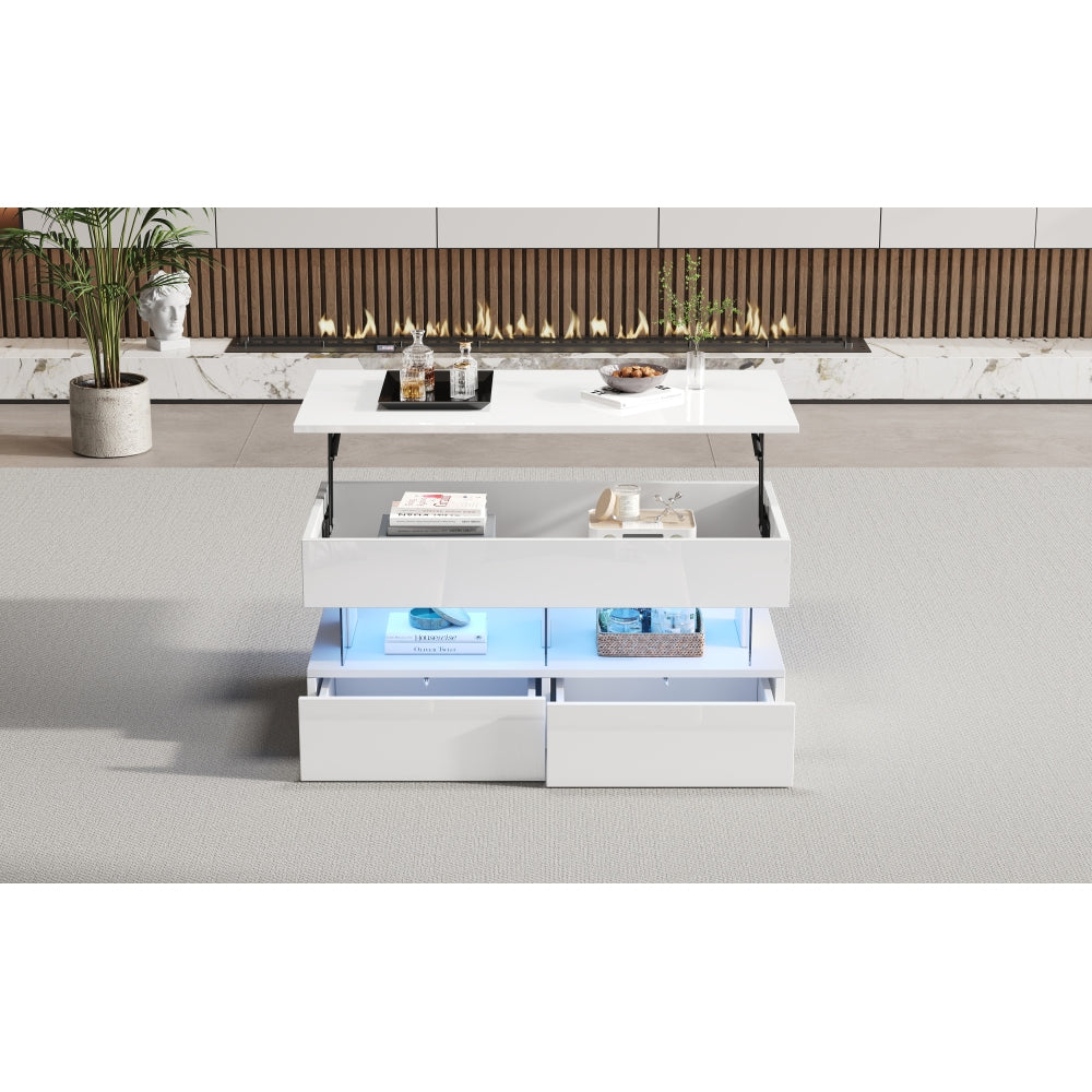 Salontafel – Koffietafel – Tafel – Woonkamertafel – Bijzettafel – Verstelbare Hoogte – Uitschuifbare Opbergruimte – Glanzend Wit – Lift-Top Mechanisme