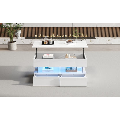 Salontafel – Koffietafel – Tafel – Woonkamertafel – Bijzettafel – Verstelbare Hoogte – Uitschuifbare Opbergruimte – Glanzend Wit – Lift-Top Mechanisme