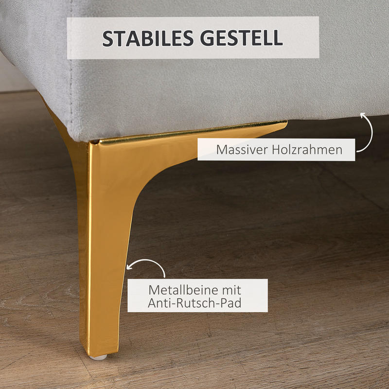 Bank – Bankje – Zitbank – Opbergbank – Eetkamerbank – Donkergrijze Stof – Gouden Houten Frame – Verhoogde Pooten – Ruimtebesparend Ontwerp