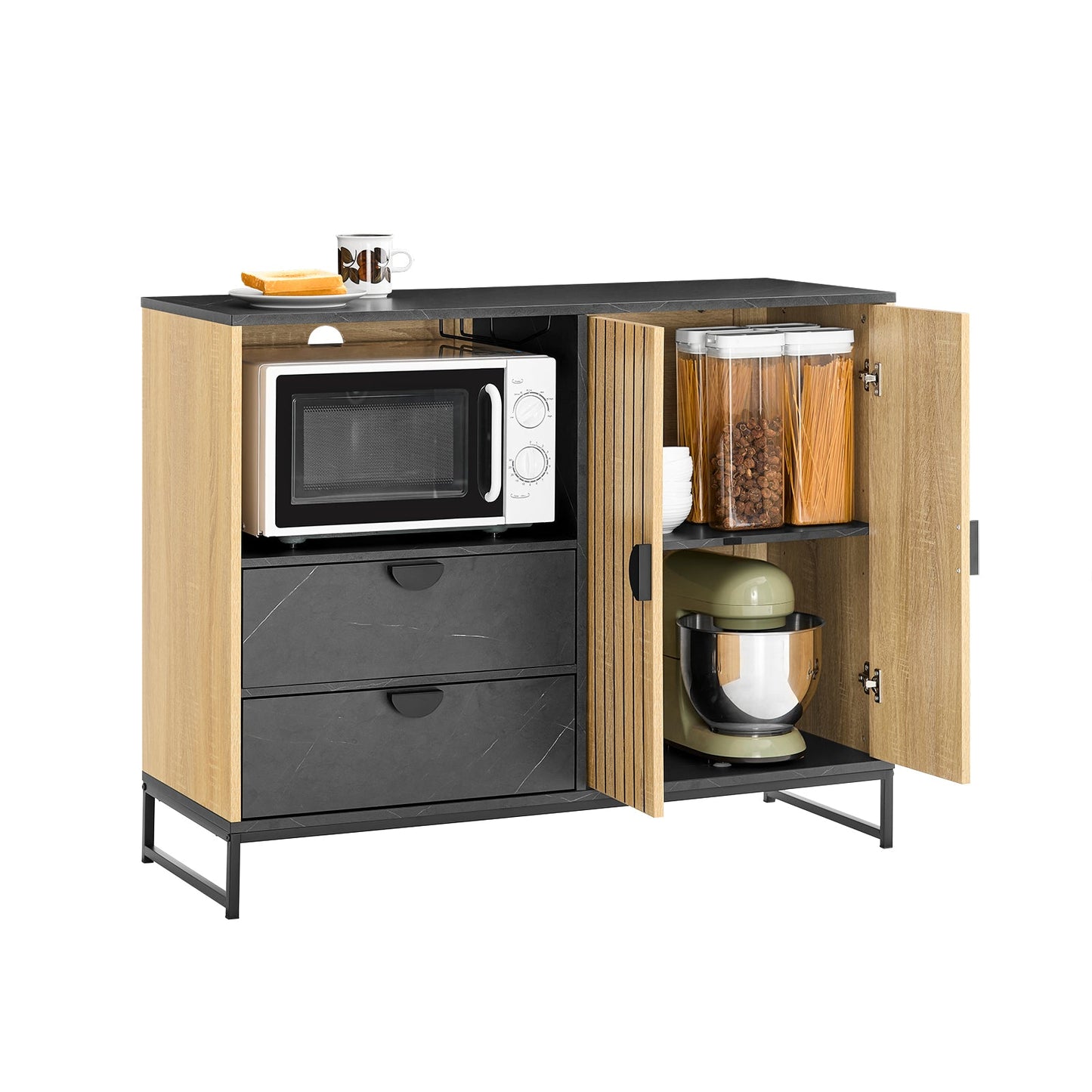 Keukenkast – Keukenbuffet – Opbergkast – Magnetronkast – Buffetkast – Met Magnetronvak en Verstelbare Plank – Eikenhout Zwart – Compact 107x85x40 cm